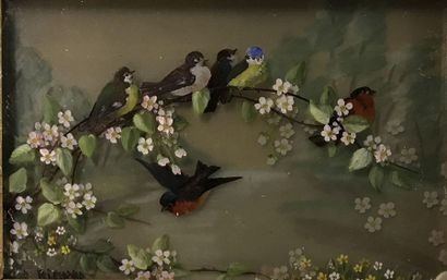 *P. RICHARD *P. RICHARD

Oiseaux sur branchages

Peinture sur verre superposé signé...