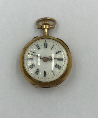 Montre de col en or jaune et or rose 18K (750 millièmes), cadran émaillé blanc à...