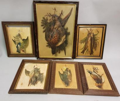 6 TROPHEES DE CHASSE SUR PAPIER Set of 6 hunting trophies for birds and fish on paper...