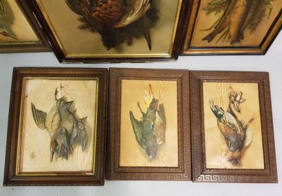 6 TROPHEES DE CHASSE SUR PAPIER Set of 6 hunting trophies for birds and fish on paper...