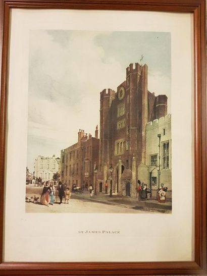 Lot de 4 gravures anglaises en couleur et encadrées : « St James Palace », « The...