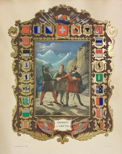 "Le serment de Grutli" "The Grutli Oath"

Engraving enhanced with gouache, Impr Lemercier...