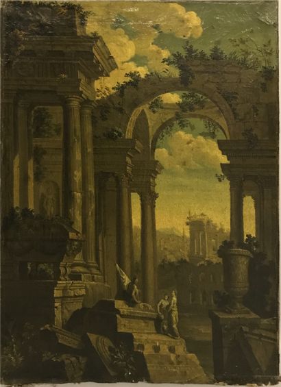 null 
Roman School of the 18th century Follower of Panini
Landscape of ruins
Oil...