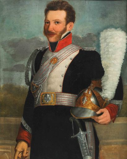 null 
Portrait of a Cavalry Officer of the Paris Horse Guard, blue suit, white breastplate,...
