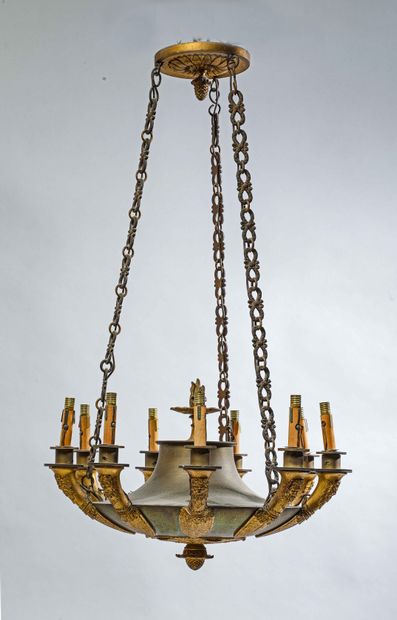 null 
An ormolu and patinated nine-armed basin suspension decorated with mascarons...