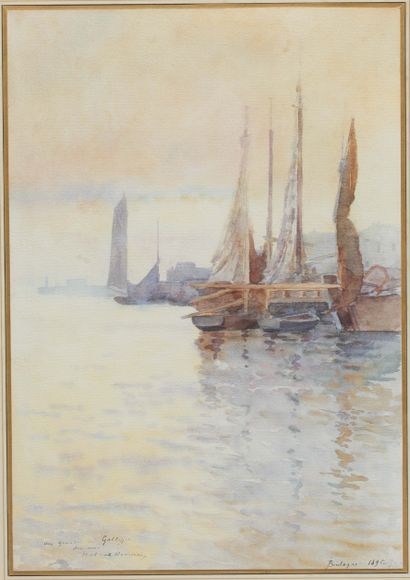 Pierre WALDECK-ROUSSEAU (1846-1904), Vue port de Boulogne, aquarelle