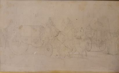 null 
Attributed to Eugène LAMI (Paris 1800-1890)
Animated street scene with carriages
Black...