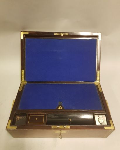 null 
Mahogany veneered travel writing case, double gilt fillet frames with engraved...