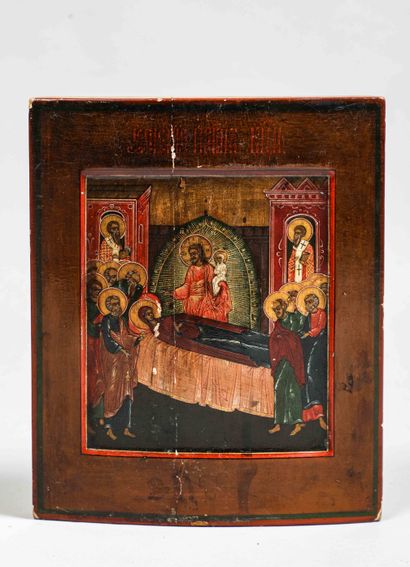 null 
Icon of the Dormition of the Mother of God.
Tempera and gold on wood (reverted).
Russia,...