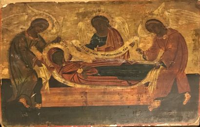 null 
Rare icon of the Entombment of the Virgin Mary.
Tempera and gold on wood. Slight...