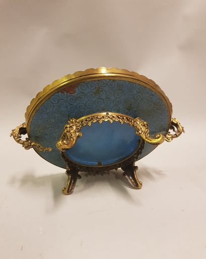 null 
A gilt bronze cup with a dish decorated with cloisonné enamels of vine leaves...