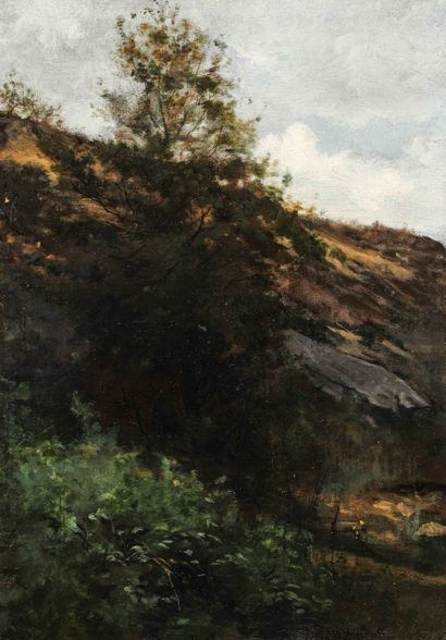 null 
Attributed to Antoine CHINTREUIL (1814 - 1873)
Forest landscape with a rock
Oil...
