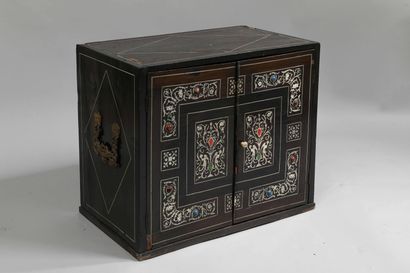null 
Black stained wood cabinet with two doors revealing drawers
Inlaid with bone...