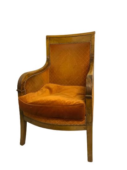 null 
Mahogany and blond mahogany veneer shepherd's chair, the armrests with stylized...