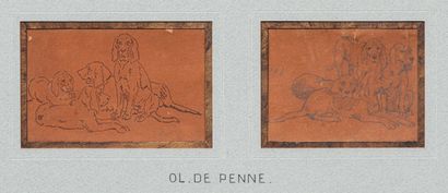 null 
*- Olivier DE PENNE. Study of dogs. Two small ink drawings on paper in a frame....