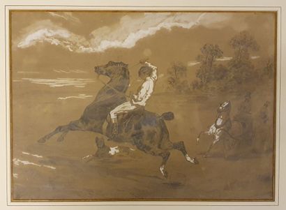 null *Set of five engravings and framed drawings on the theme of horses and raci...