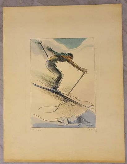 LITHOGRAPHIE Lithographie en couleur, "skieur", portant signature en bas 

à dro...