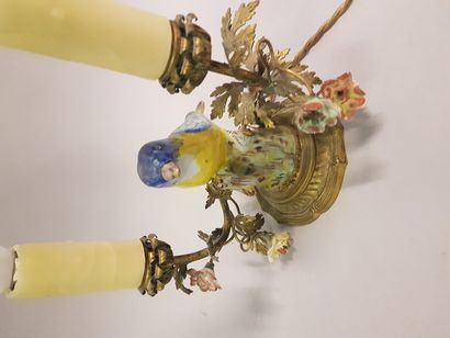 LAMPE en céramique polychrome motif de volatiles et fleurs et monture en bronze doré...