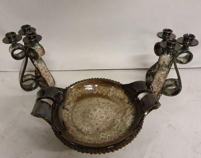 null 
Attributed to Marius Giuge

Pair of ceramic three-light candleholders and basin

Signed...