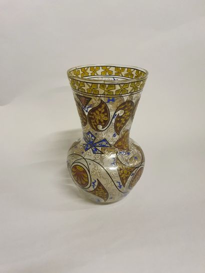 Gallé. Nancy Attribué à Vase col tronconique en verre polychrome et décor appliqué

Accidents,...