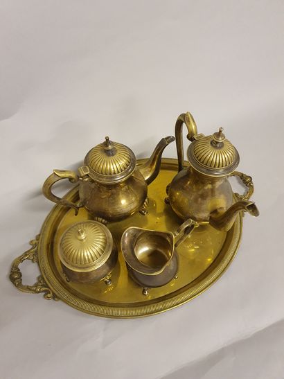 Service thé café de 4 pièces en métal avec plateau ovale, anses décor de rinceaux...
