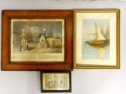 TROIS PIECES ENCADREES : THREE FRAMED PIECES: 

- two raised engravings: "the pact...