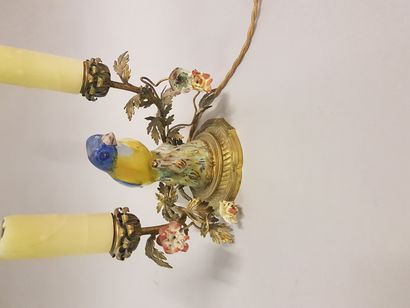 LAMPE en céramique polychrome motif de volatiles et fleurs et monture en bronze doré...