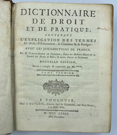 null LAW - FERRIERE] 2 vols. 


M. Claude Joseph DE FERREIERE, Dictionnaire de droit...