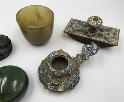 null Lot including: cloisonné enamel hand candlestick and drinking vessel, China...