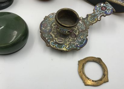 null Lot including: cloisonné enamel hand candlestick and drinking vessel, China...