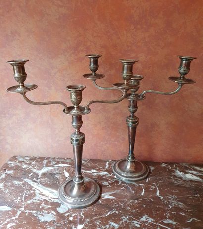null 
Pair of candlesticks with two silver plated arms, decorated with garlands hanging...