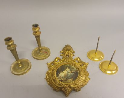 null Lot of gilded metal: pair of torches; pair of patens with swan motif and spread...