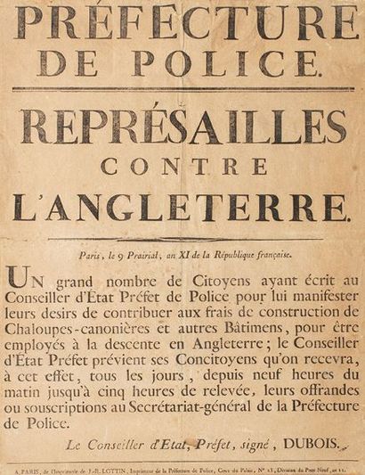 Affiche : "Préfecture de Police - Représailles contre l'Angleterre", Paris le 9 prairial...