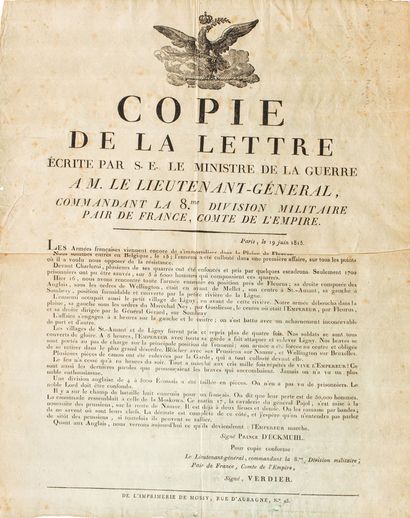 Affiche : "COPIE DE LA LETTRE, écrite par S. E. le ministre de la guerre, À M. LE...