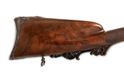 Beau fusil de chasse à silex, double canon en table, de la Manufacture de Versailles...