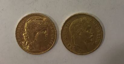 DEUX PIECES de 20 Francs or 1869 et 1914 DEUX PIECES de 20 Francs or 1869 et 1914

Poids...
