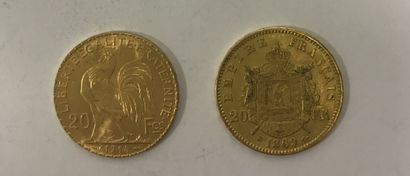 DEUX PIECES de 20 Francs or 1869 et 1914 DEUX PIECES de 20 Francs or 1869 et 1914

Poids...