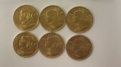SIX PIECES de 20 Francs or Suisse, diverses années SIX PIECES de 20 Francs or Suisse,...