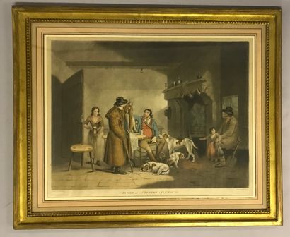 ECOLE ANGLAISE "Inside of a country Alehouse". Printed by G Morland. Gravure réhaussée....
