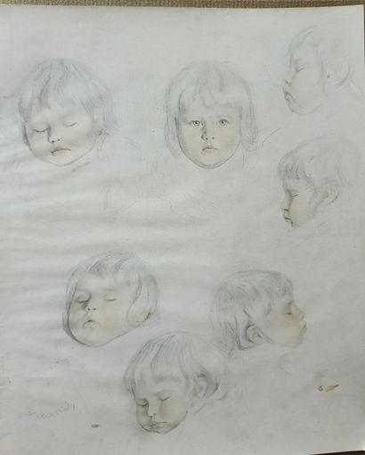 Lot de dessins : étude de visages, portrait d'enfant, scène d'intérieur et promenade...
