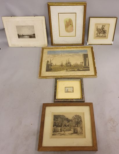 Lot de 6 encadrés divers : cavalier, lithographie abstraite, vue d'optique "port...