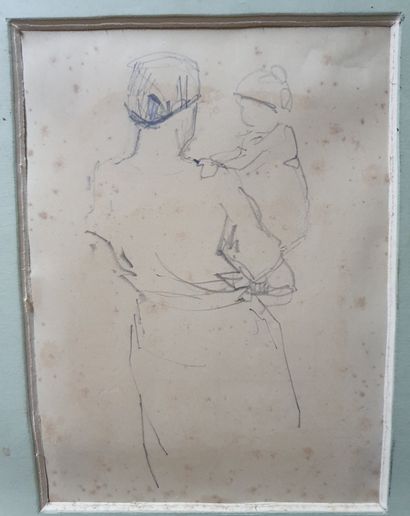 Lot de dessins : étude de visages, portrait d'enfant, scène d'intérieur et promenade...