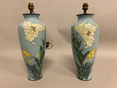 Paire de vases à épaulement à décor d'iris blanc sur fond bleu Paire de vases à épaulement...