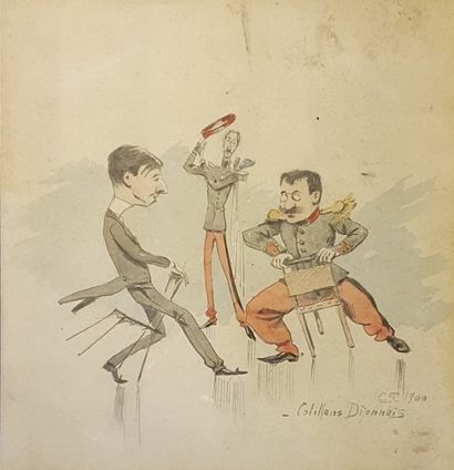 Deux encadrés caricatures militaires "cotillons dijonnais" et 3 scènes réunies signées...