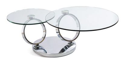 TABLE BASSE à pied circulaire en métal chromé et deux plateaux en verre rond amovible...