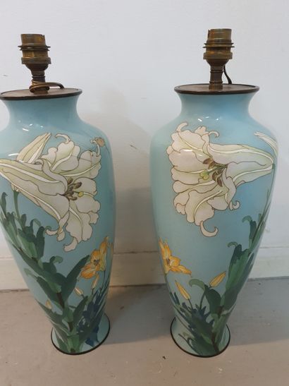 Paire de vases à épaulement à décor d'iris blanc sur fond bleu Paire de vases à épaulement...
