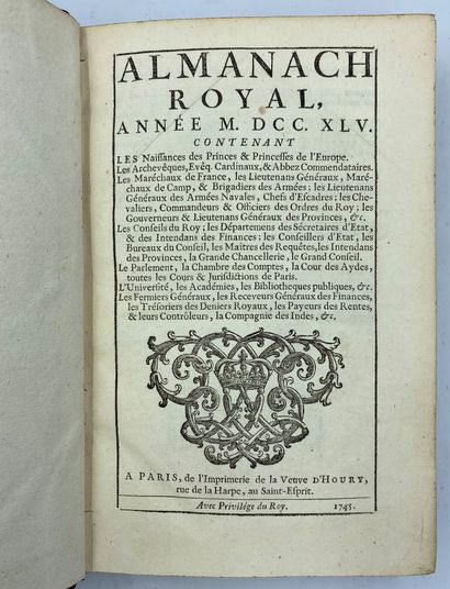 ALMANACH ROYAL année 1745, l'Imprimerie de la veuve d'Houry, Paris, reliure basane,...