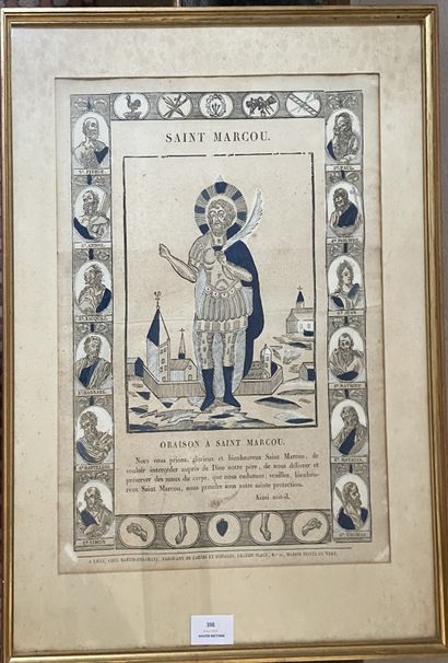 Suite de pièces encadrées : " Saint Marcou" estampe réhaussée 38,5 x 30 cm ( à vue)...