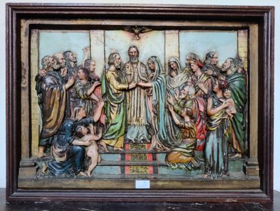 Bas-relief en plâtre polychrome illustrant le mariage de la Vierge