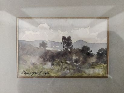 Lot comprenant: Lot comprenant: 


une aquarelle "paysage" 1910 (7 x 11 cm) 


une...